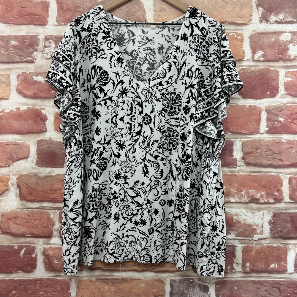 Christian Siriano New York Tunic Top Women's 3X White Black Boho Floral Shirt